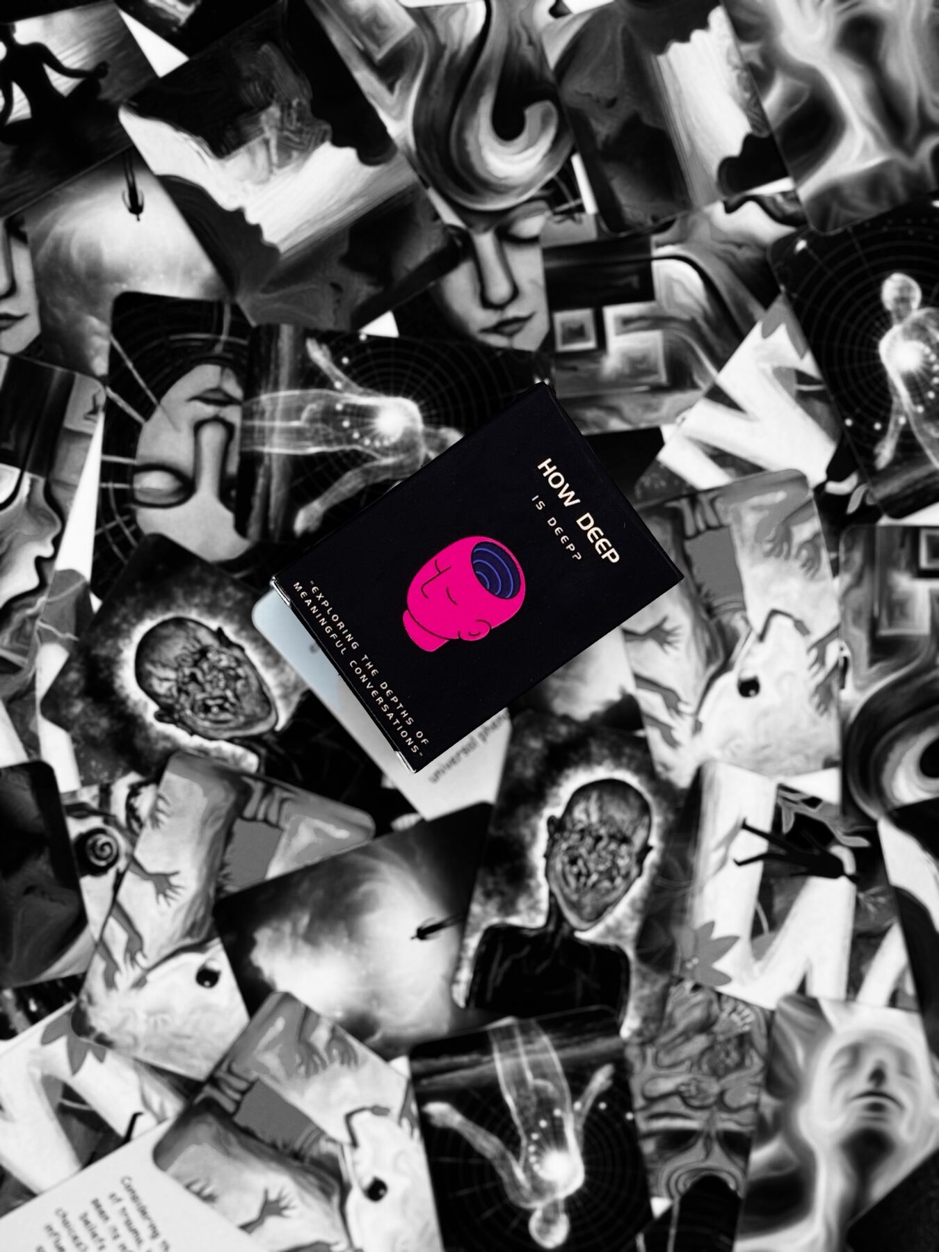 The How Deep is Deep box surrounded by black and white card artwork